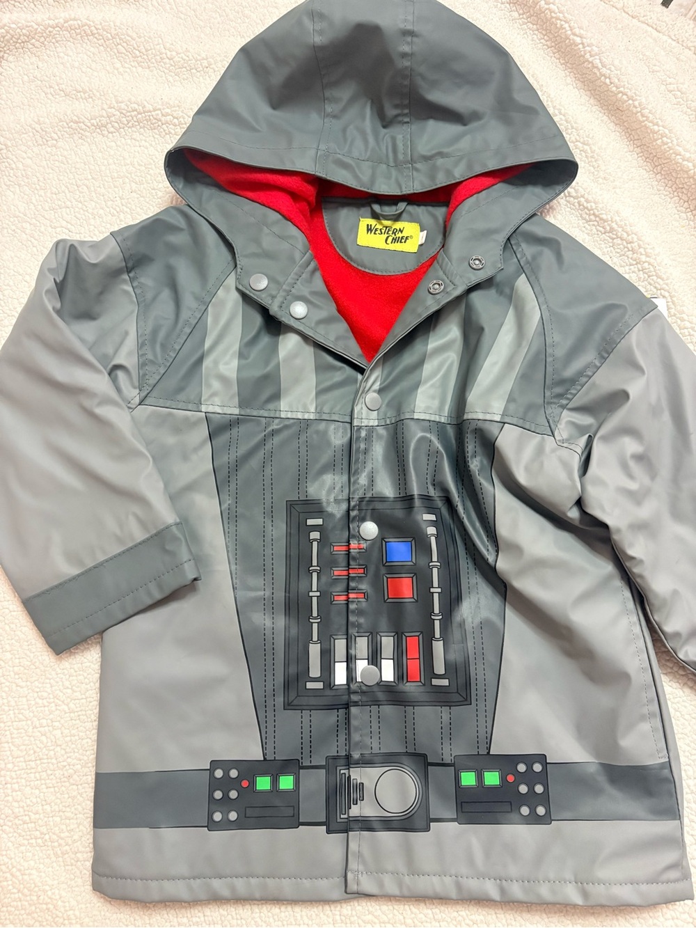 Western Chief dark Vader Gray Raincoat with Red Lining and Control-Panel Graphic